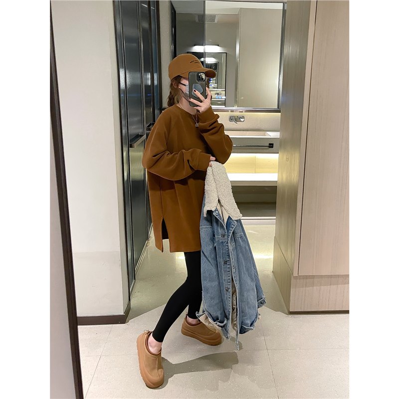 春不晚 磨毛抓绒T恤2024年秋冬女加厚中长款打底衫遮屁股上衣