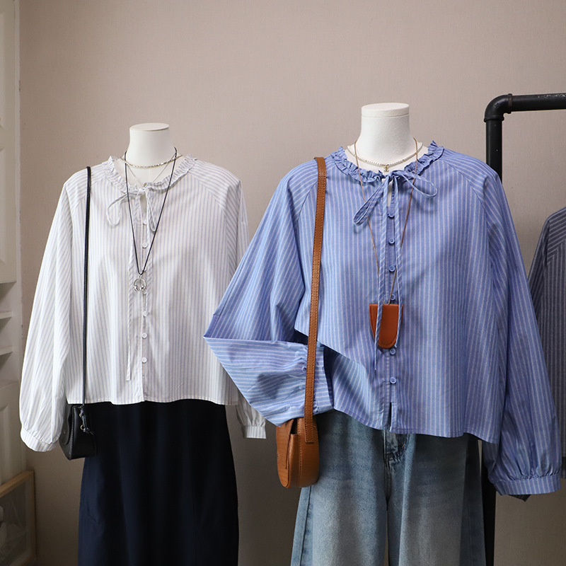 [比正]2026早春新韩版木耳边圆领系带条纹显瘦百搭长袖衬衫女5807