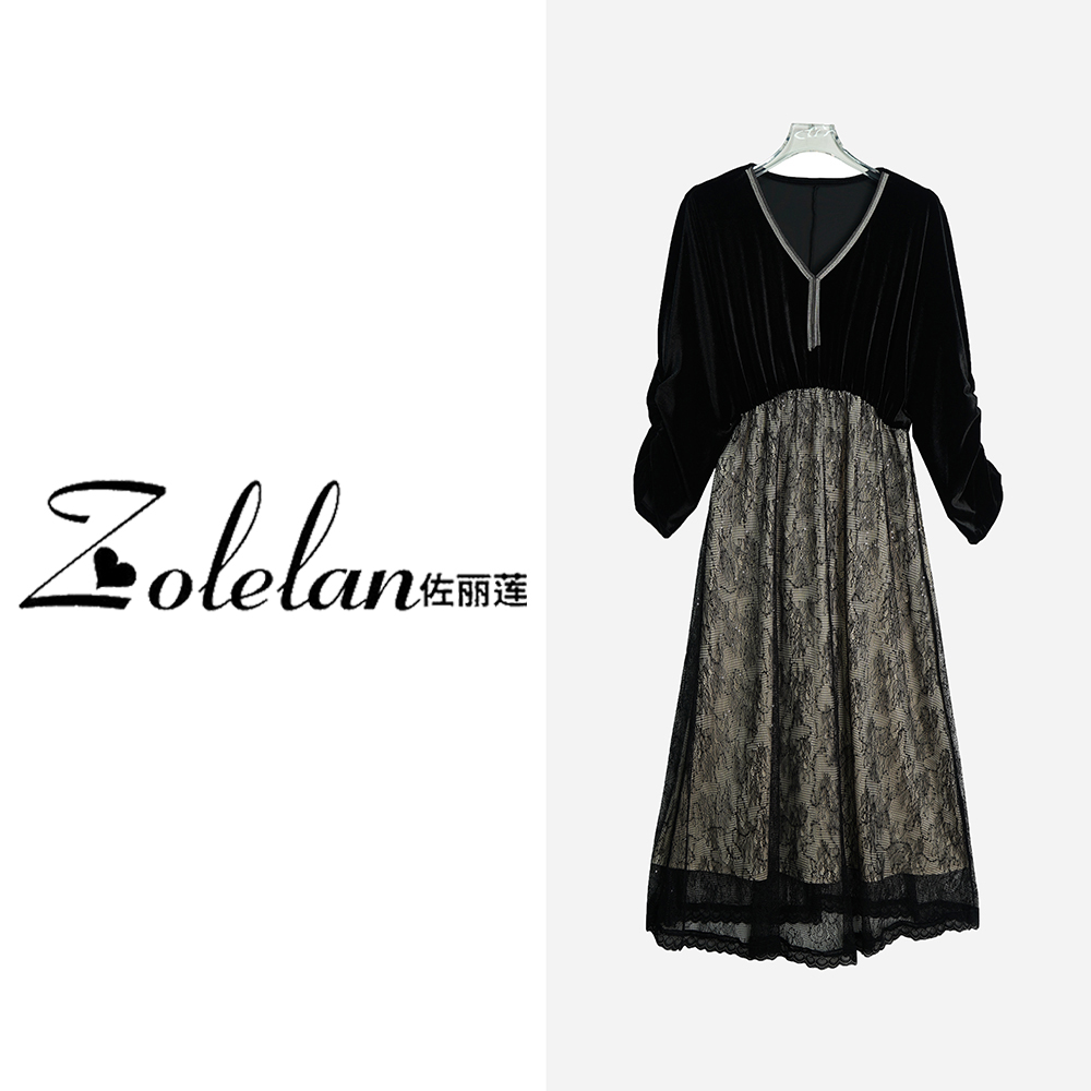 X2520【上新】高级感名媛气质收腰显瘦遮肚轻奢蕾丝拼接黑连衣裙3Q