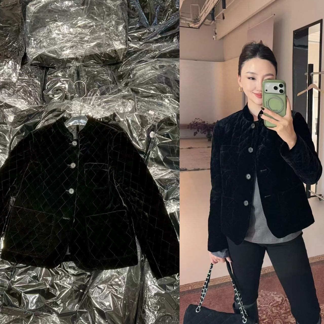 【GELINA】秋冬新款新中式复古丝绒圆领菱形格棉服外套0105