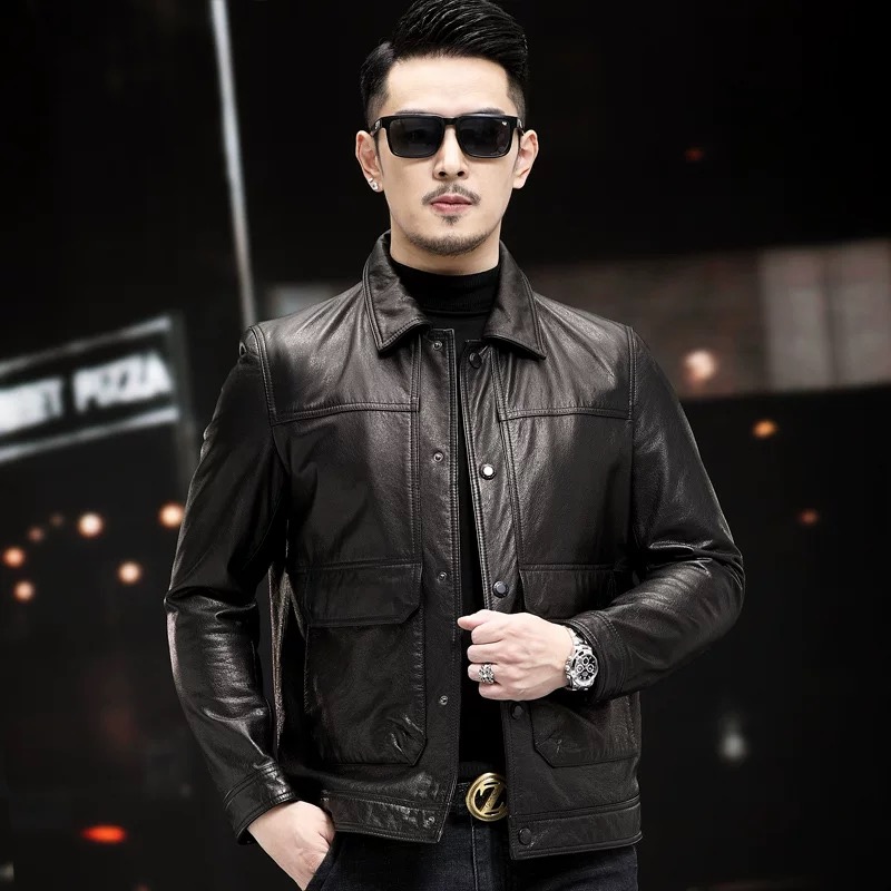 男士真皮皮衣油蜡头层小牛皮夹克翻领休闲时尚
