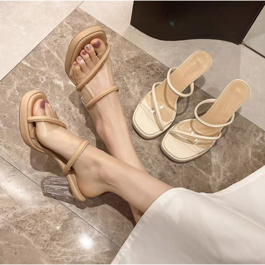 高跟鞋女2025夏季新款透明粗跟一字带凉拖鞋T-7