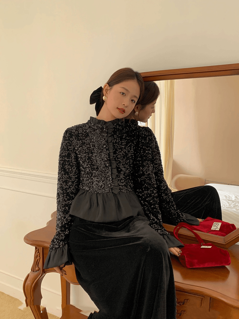 (黑金派对)高级感套装新款黑色亮片加金丝 绒半身裙两件套装