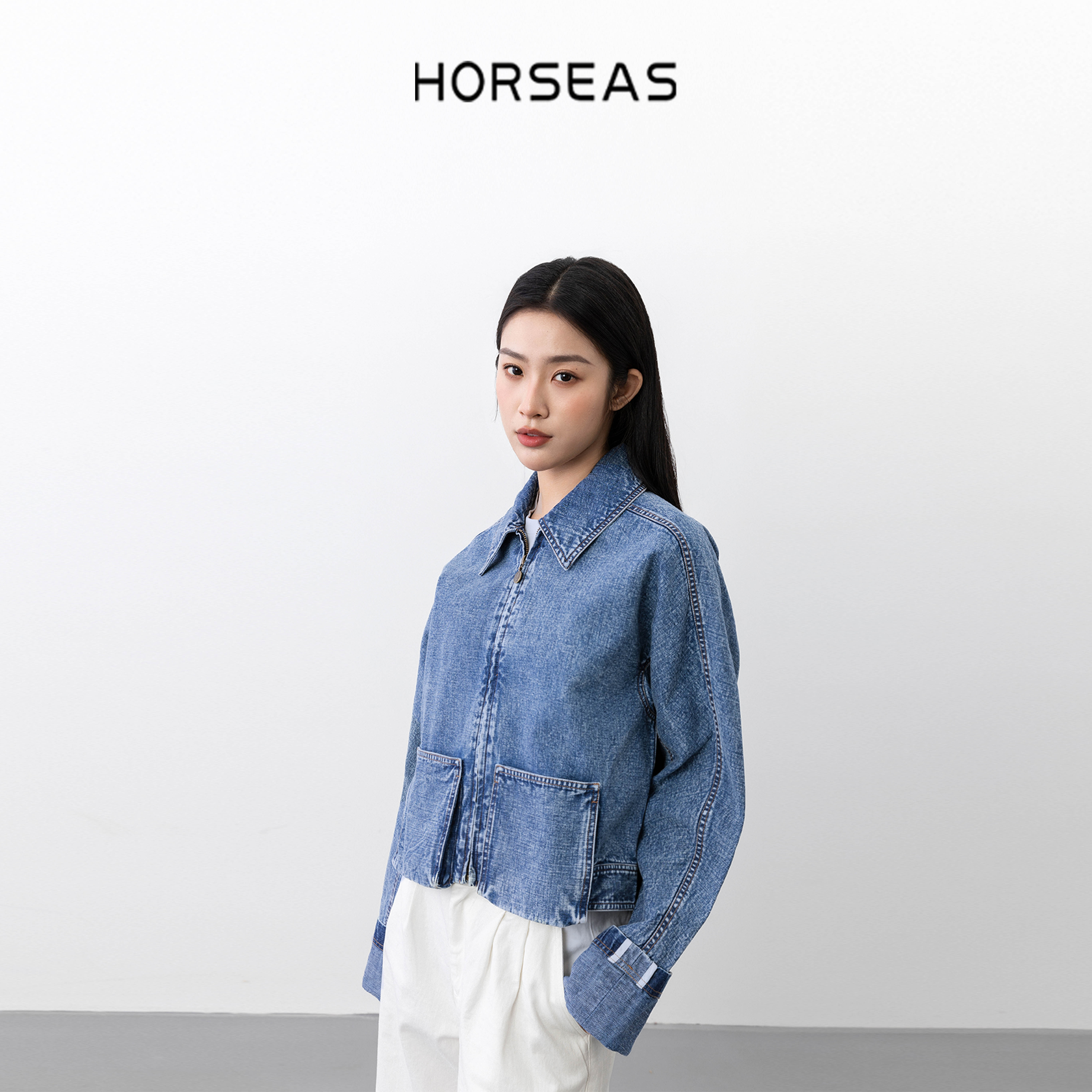 THE HORSEAS/海边的马汉麻棉混纺经典翻领短箱型靛蓝色牛仔外套