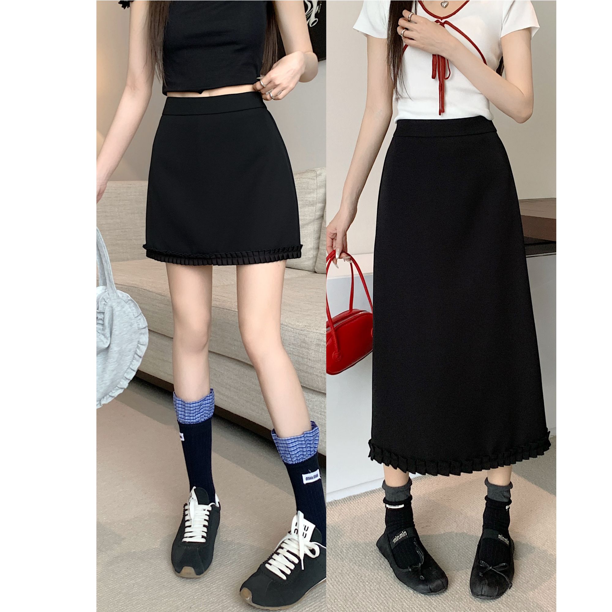 夏季黑色大码女装微胖显瘦高腰小众设计短长裙—8024—8046