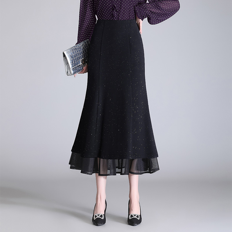 鱼尾半身裙气质高腰显瘦包臀裙时尚复古亮片一步裙拼接网纱长裙春