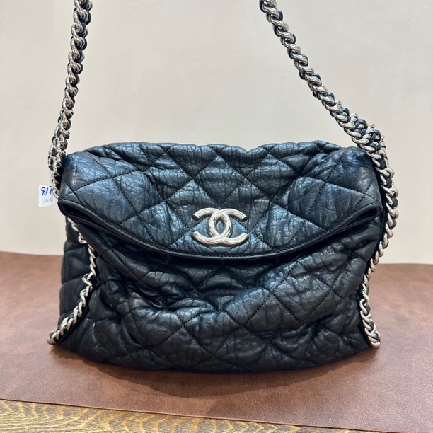 95新 Chanel/香奈儿 黑银滚边链条hobo 