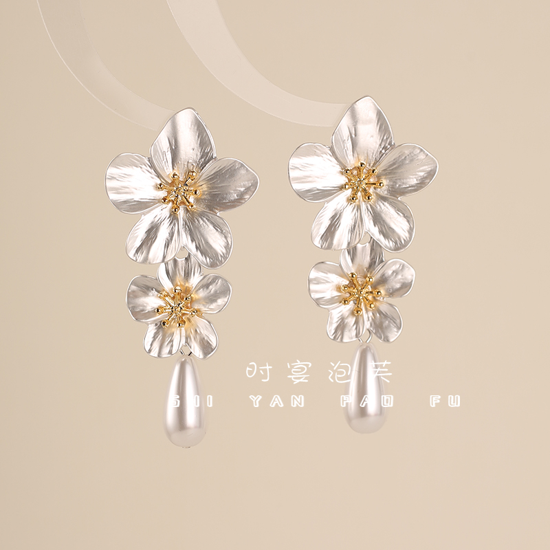 铜合金仿珍珠耳饰 双生恋花珠珠耳环流苏长款简约气质森系耳饰女