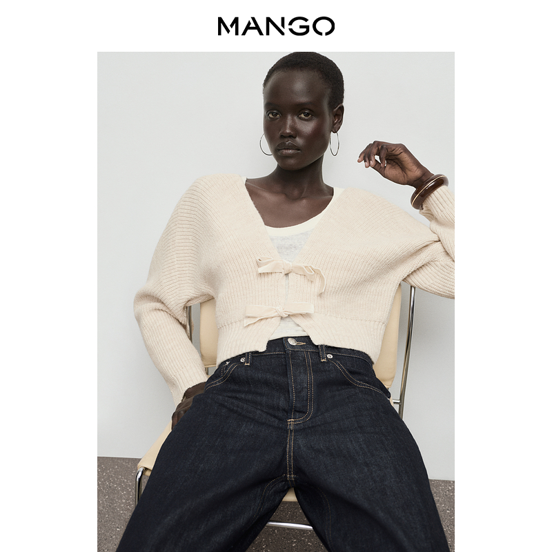 MANGO女装毛针织衫2025冬装新款V领直筒个性蝴蝶结系带毛衣开衫