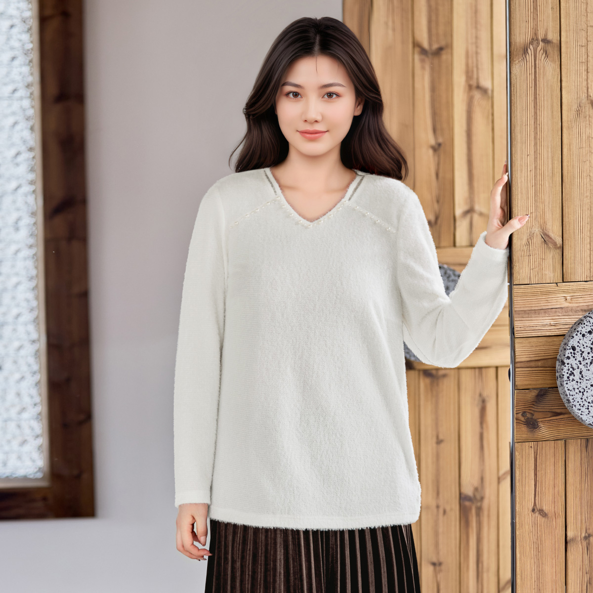 【仿貂毛针织】MsShe大码女装新款冬装钉珠V领T恤打底衫E2510042