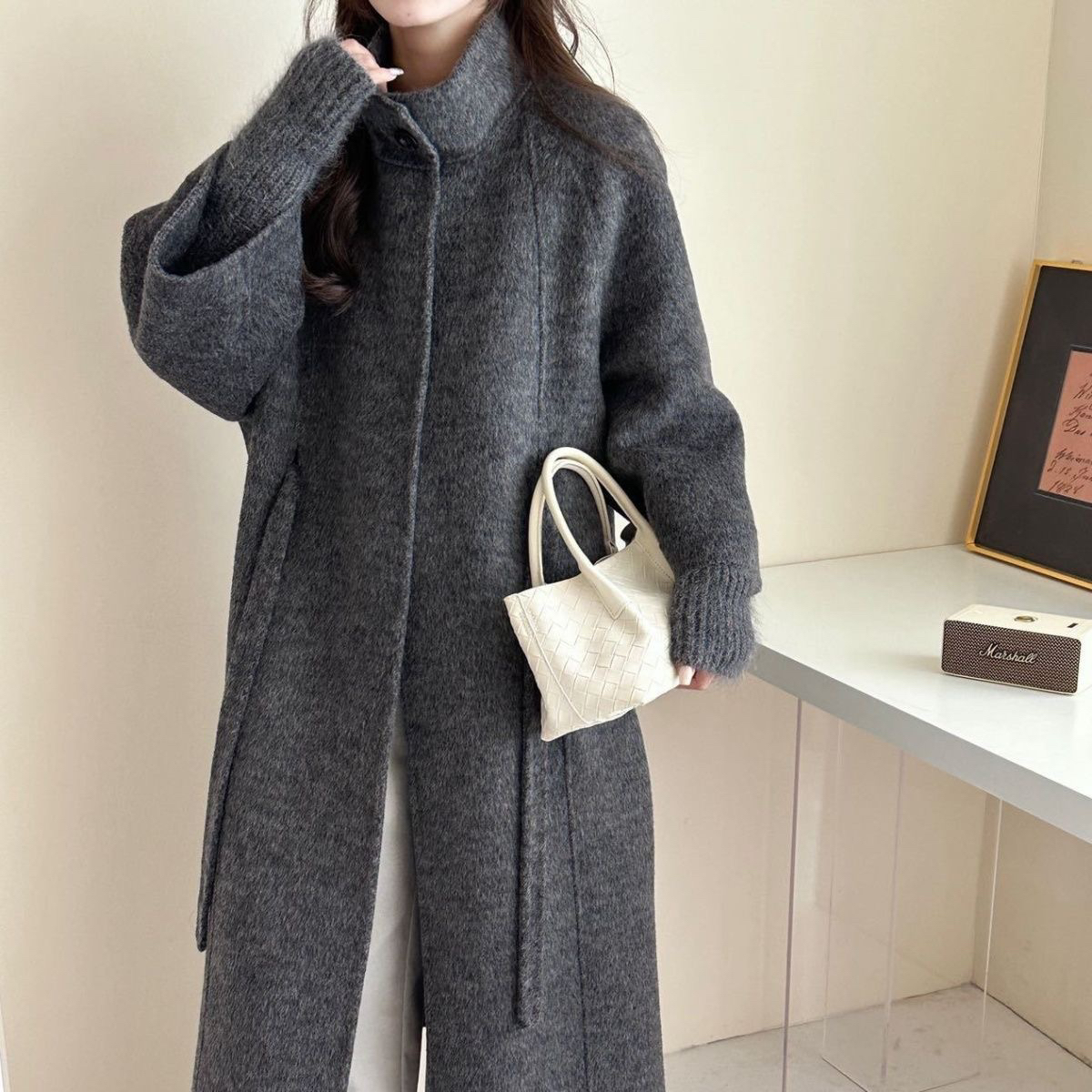 秋冬高端韩系立领针织袖双面羊毛长款气质女呢子大衣