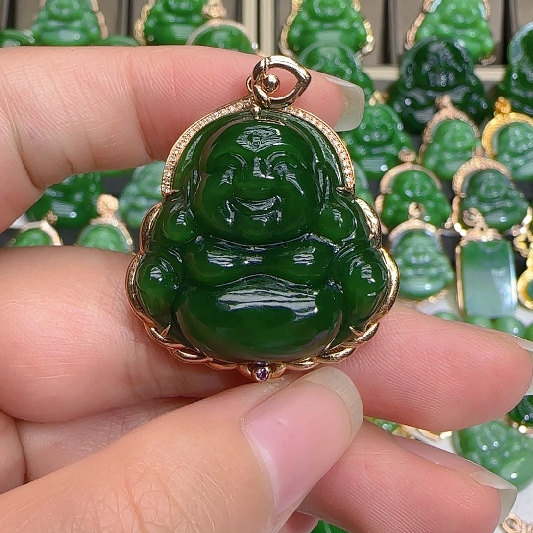 和田玉（碧玉）吊坠(不含链)18K金镶嵌