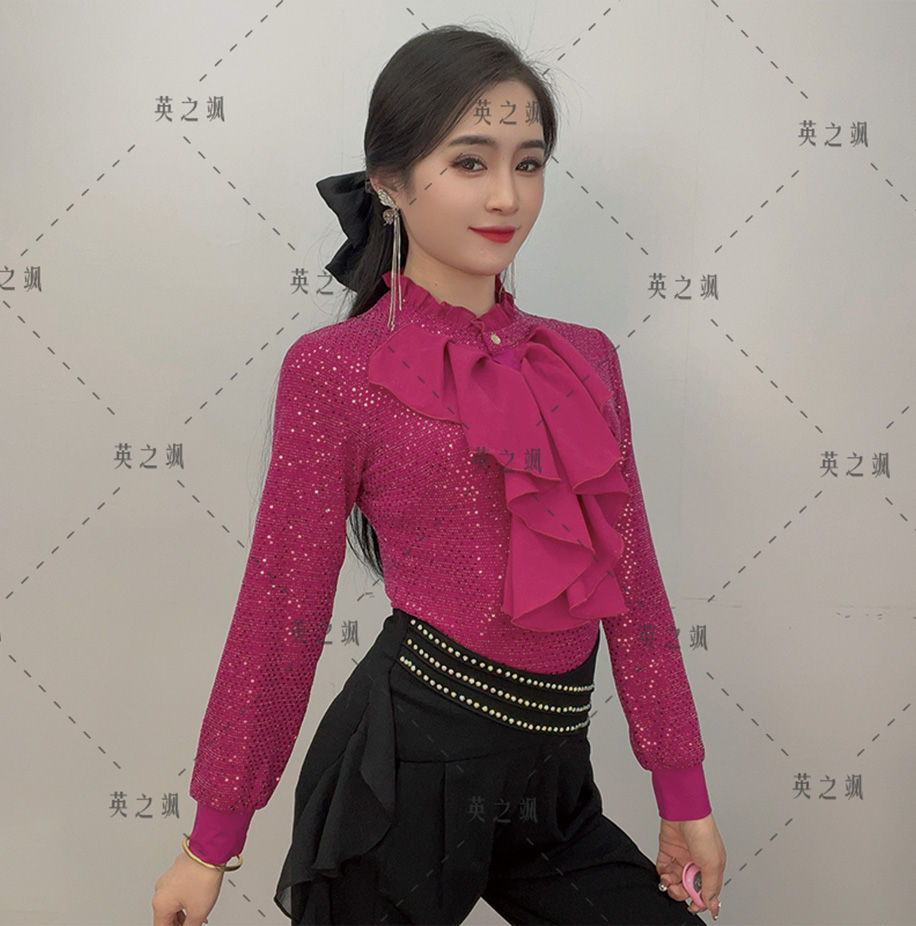 虎哥舞服【英之飒】花边亮片长袖连体显瘦长袖舞服跳舞气质时尚2213