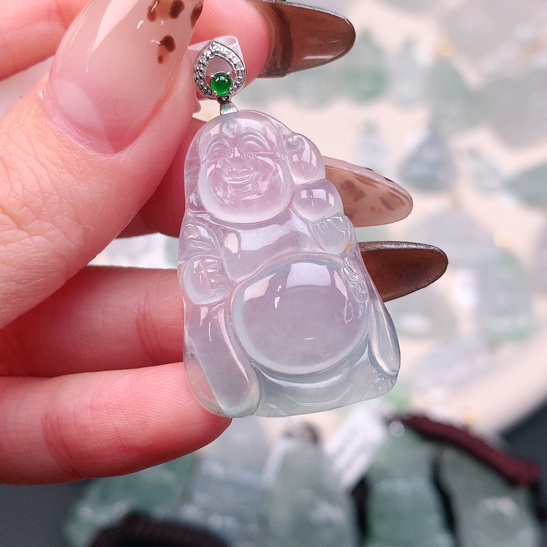 翡翠颈饰18K金镶嵌冰布袋佛40、32、22.5、4.8