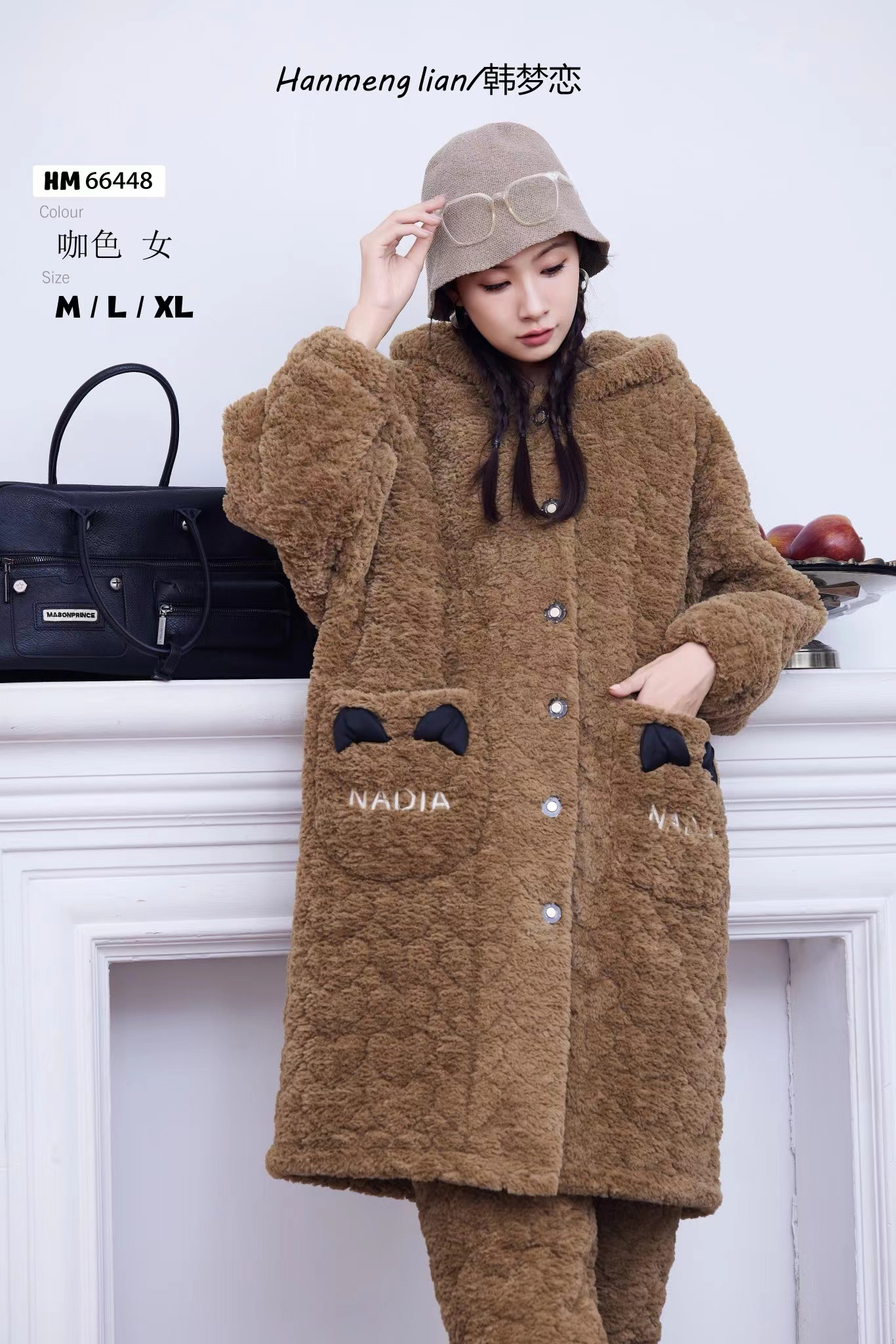 韩梦恋新款三层夹棉加厚连帽长袍家居服套装可外穿保暖时尚棉睡袍