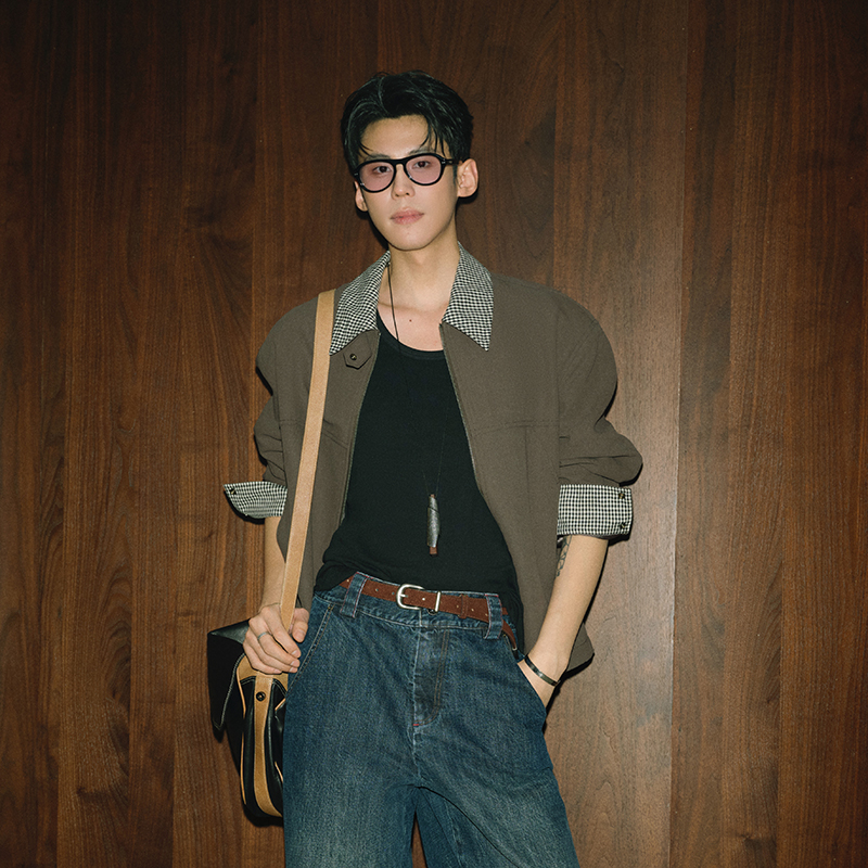 NOBU 「Résilience系列」秋季原创和纸亚麻棉格纹翻领棕色宽松夹克