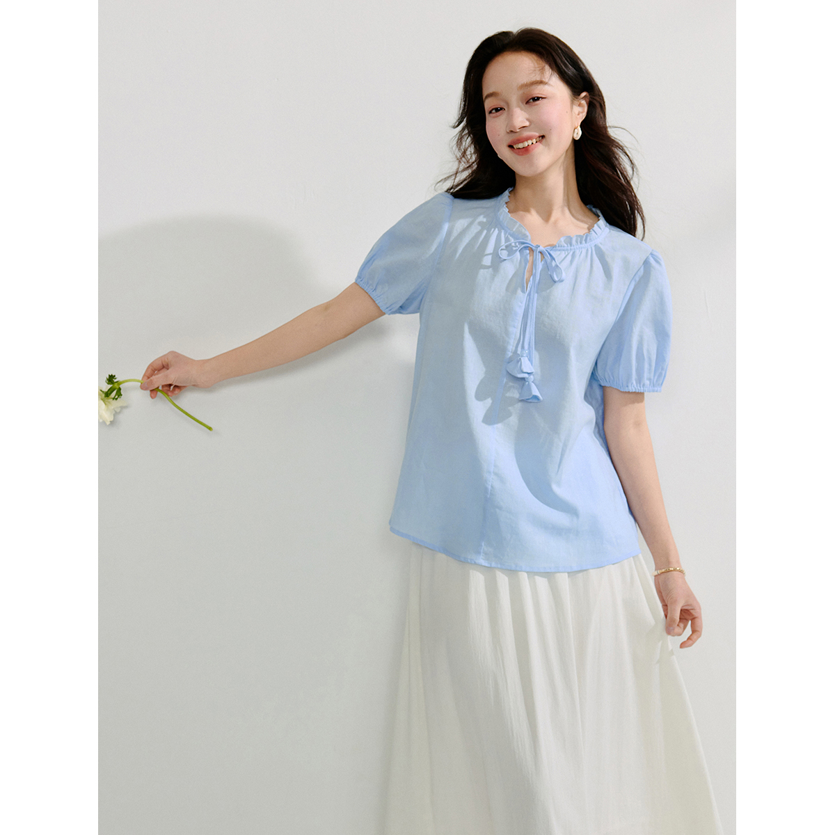 【恋夏穿搭】茵曼法式通勤木耳边皱感衬衫女2025年夏季泡泡袖衬衣