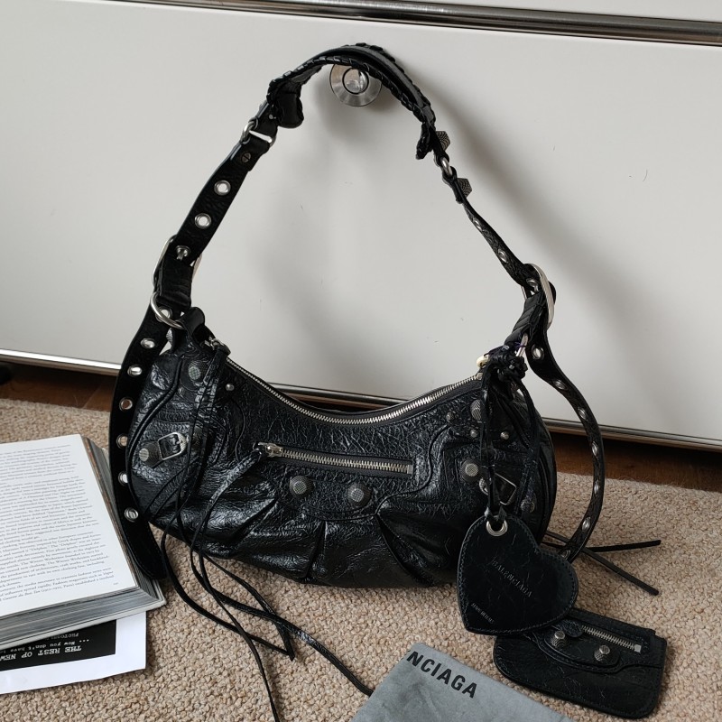 95新 Balenciaga/巴黎世家 Azul-黑银油蜡皮单肩斜挎包/53458
