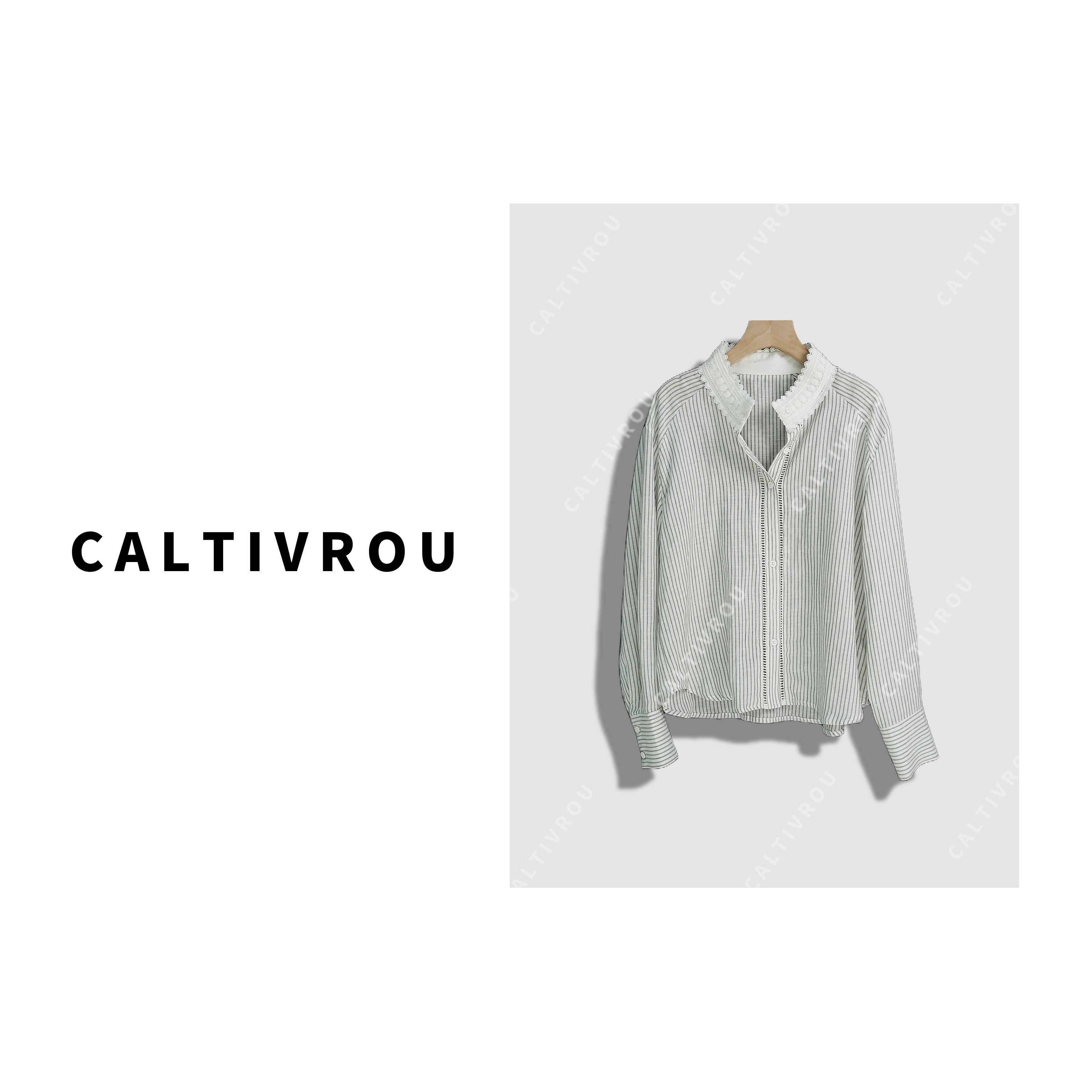 Caltivrou蕾丝拼接条纹轻新百搭衬衫-Y14965