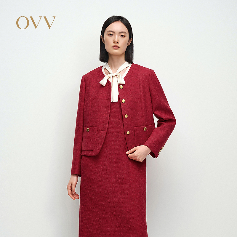 【新年红系列】OVV25春夏新女小V领肌理感夹克外套GWJFJ15002A