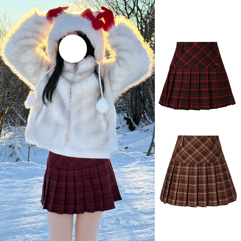 学院风百褶裙秋冬款百搭时尚短裙复古高腰格纹修身毛呢短裙秋冬