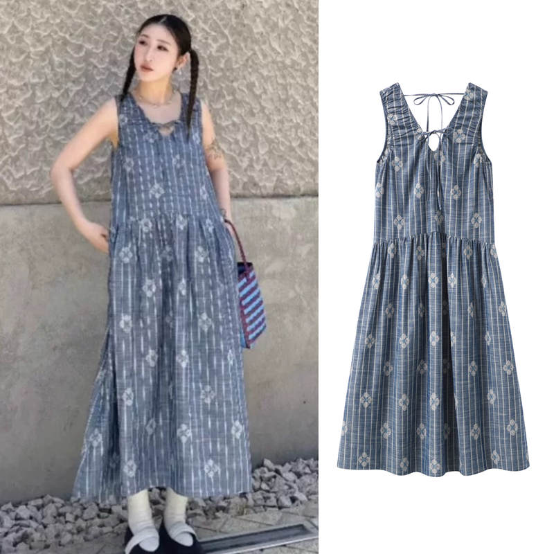 度假风复古花朵绣花A字裙背心系带连衣裙【8306】