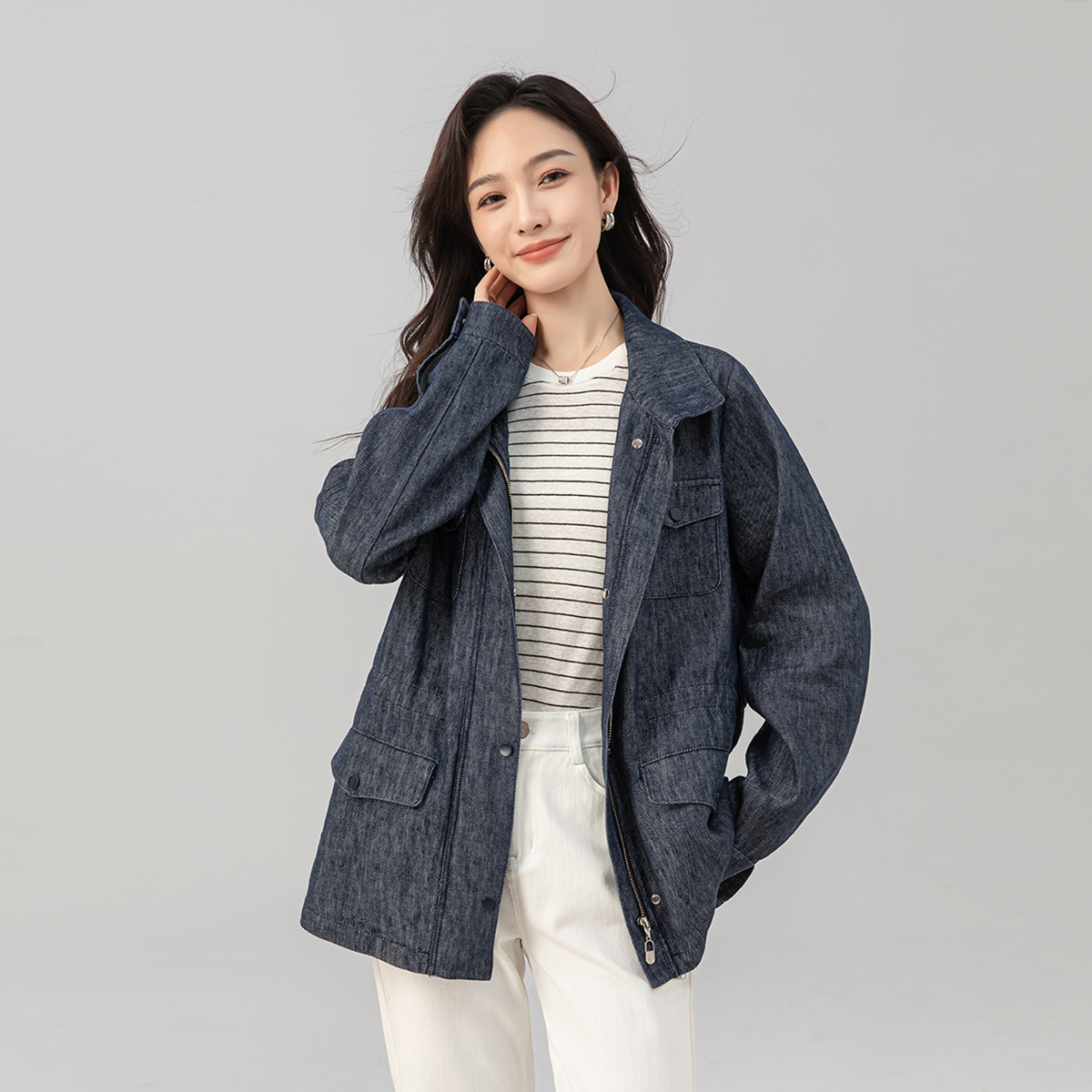 老板娘专属老钱风棉麻2025秋新品工装口袋抽绳收腰极简牛仔外套女