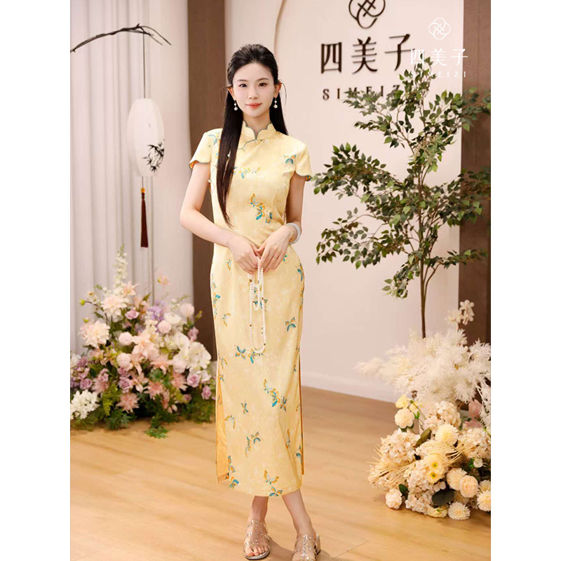 四美子【金梦蝶】新款新中式优雅高级感双面印花提花缎旗袍裙连衣裙