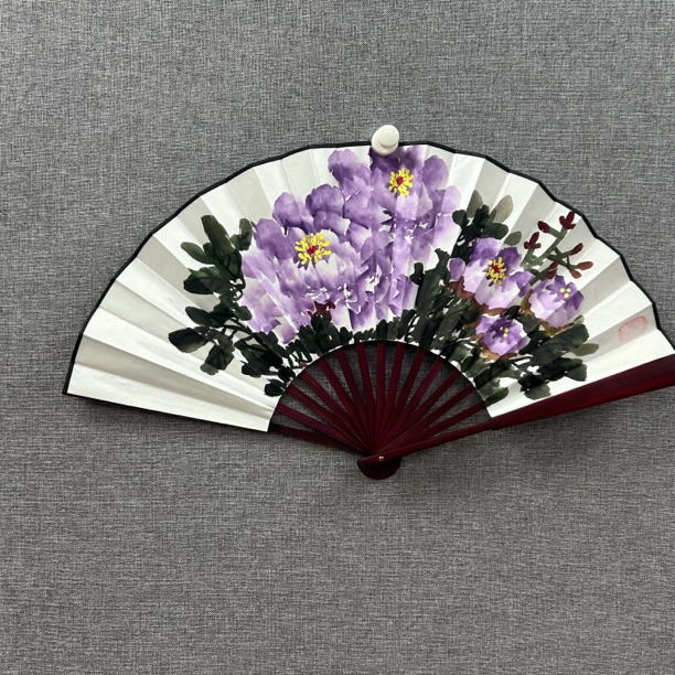 手写书法作品-十寸仿乌木折扇-牡丹绢布