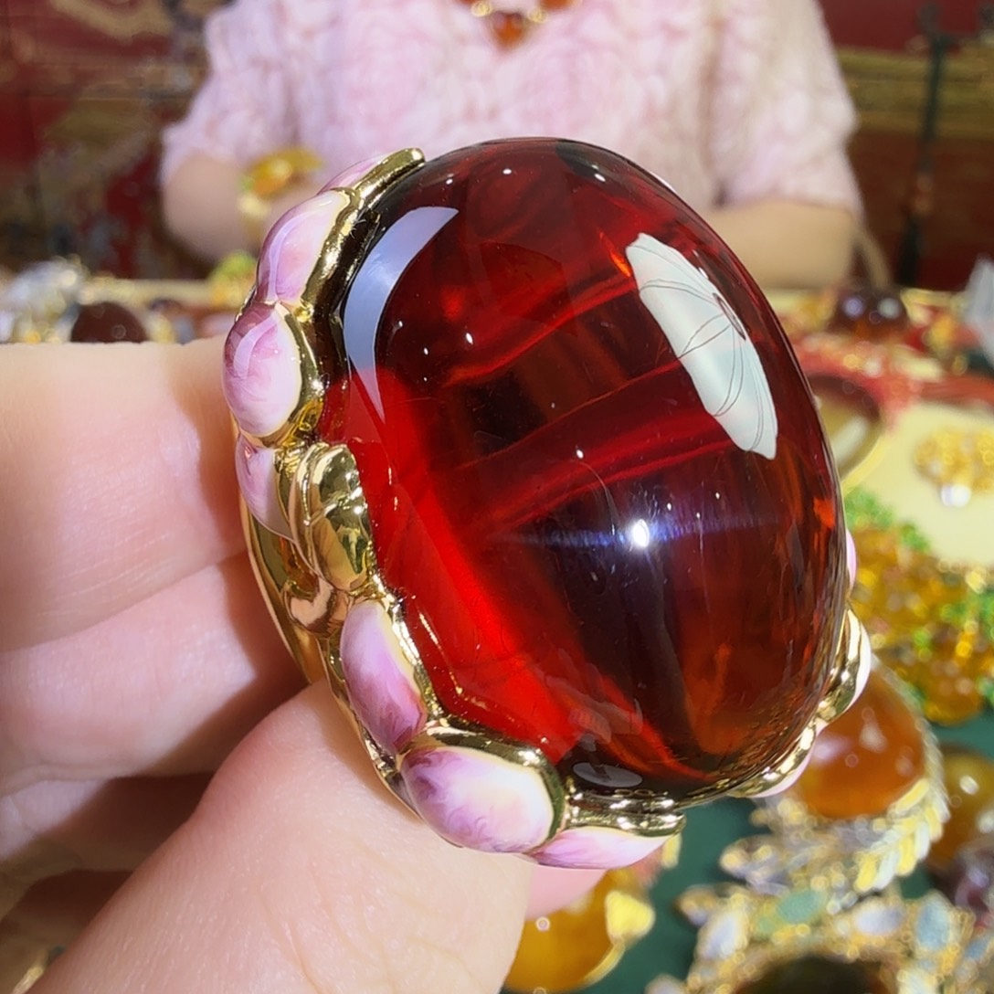 血珀银S925镀金镶嵌戒指