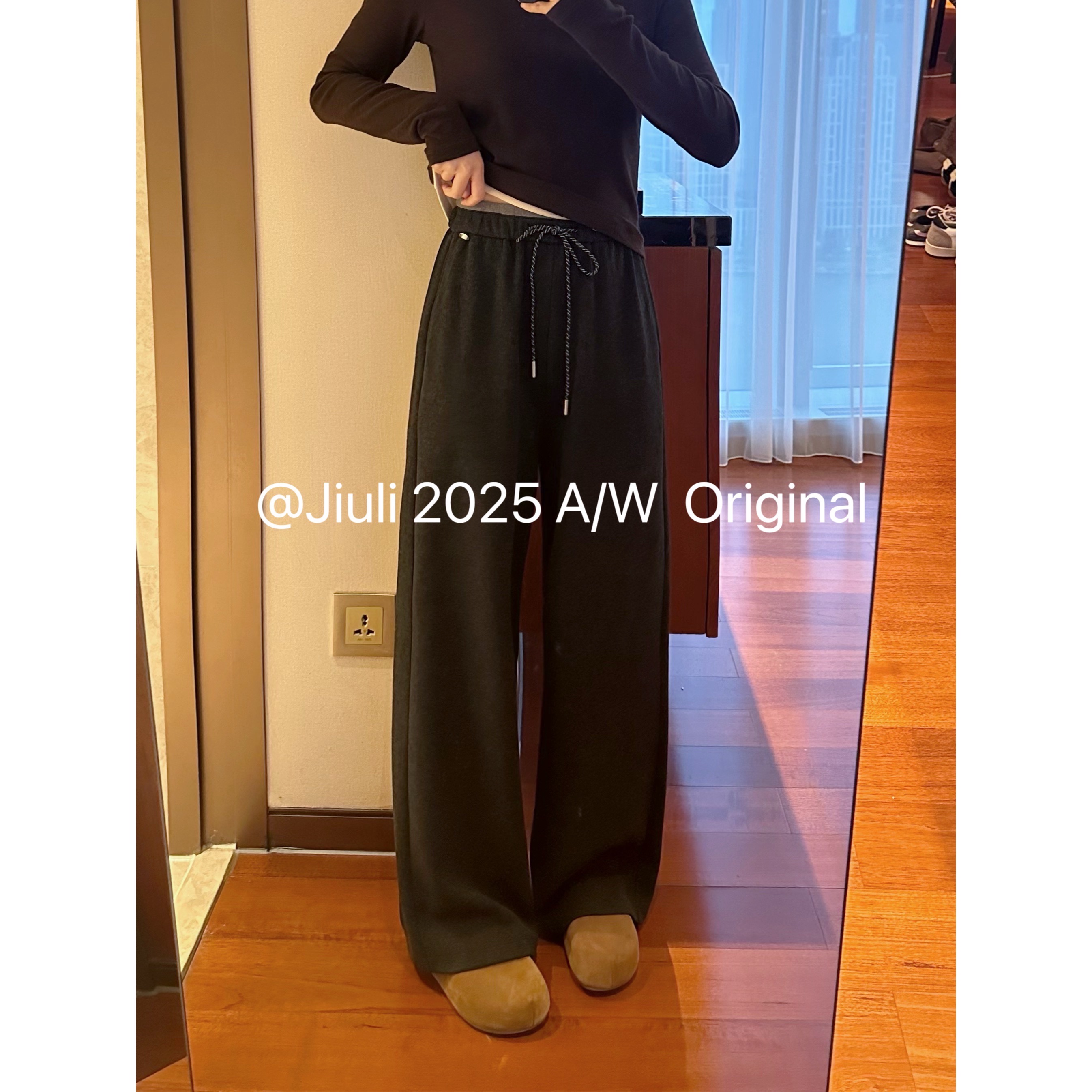 九莉【百搭裤加绒版】糯米棉 秋季显瘦设计感抽绳拼接腰头休闲裤