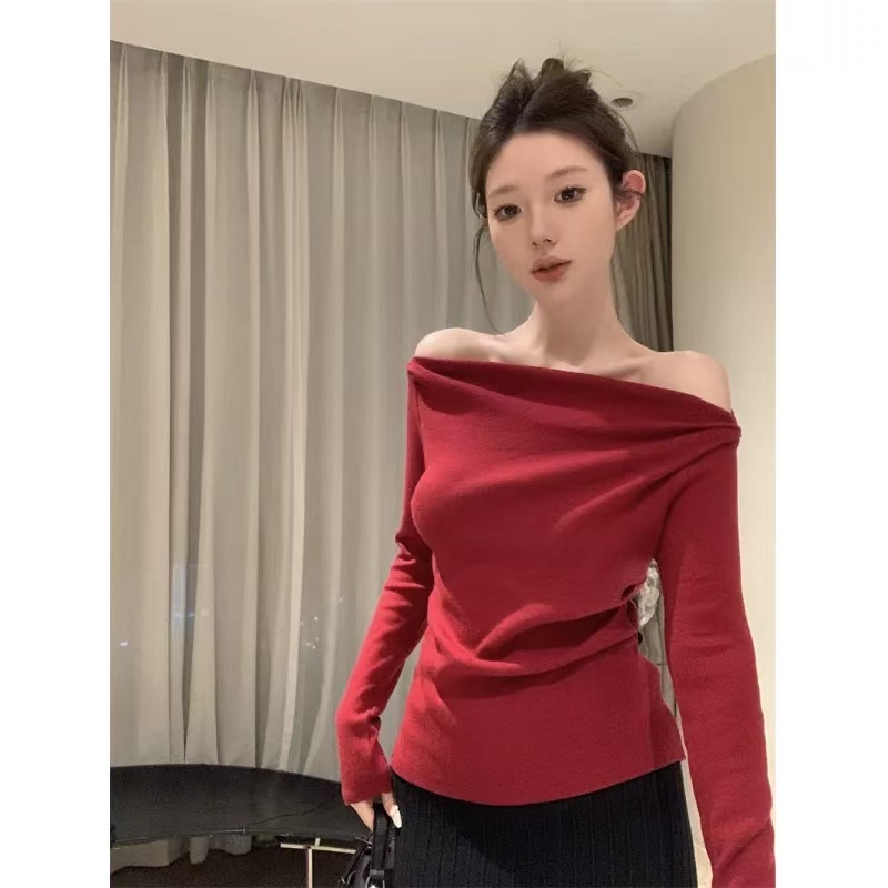 6415设计感小众针织长袖t恤女秋冬季时尚洋气褶皱内搭打底衫独特