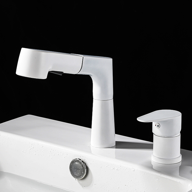 日式白色抽拉式双孔分体面盆水龙头升降卫生间浴室柜旋转伸缩洗头