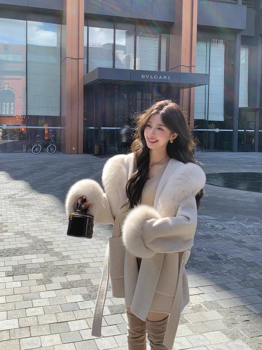 沪上千金超大狐狸毛领连帽双面羊毛大衣女小个子中长款毛呢外套