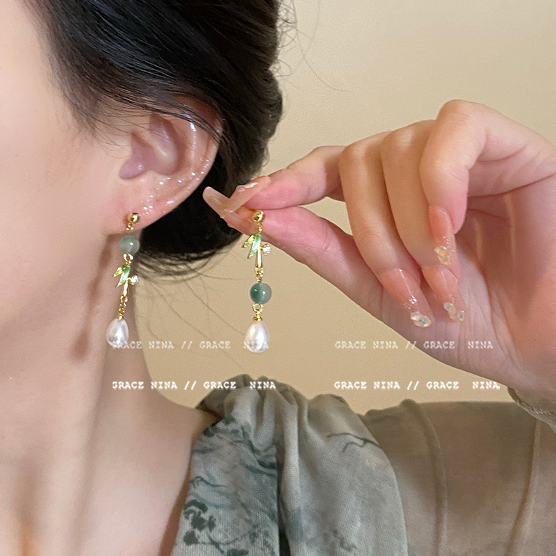 合金耳饰 51 青竹细雨~新中式古风绿竹叶珍珠耳环小众设计精