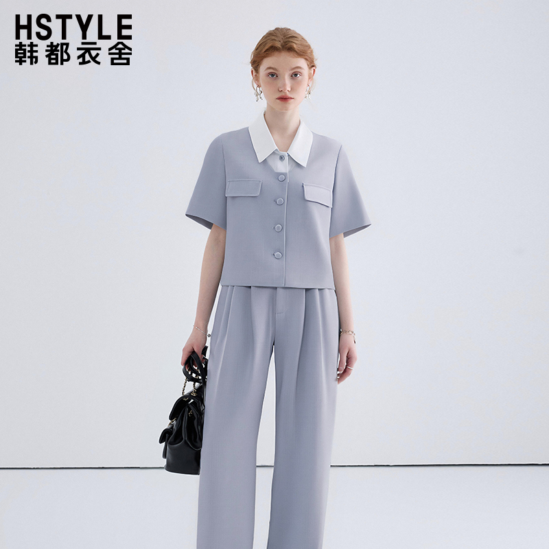 韩都衣舍撞色翻领短袖小衫女高腰通勤直筒裤通勤两件套夏季新款
