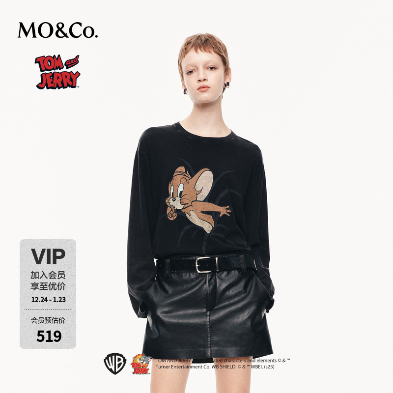 MOCO长袖T恤2025秋新品猫和老鼠联名系列棉质斑驳印花MBE3TEET03