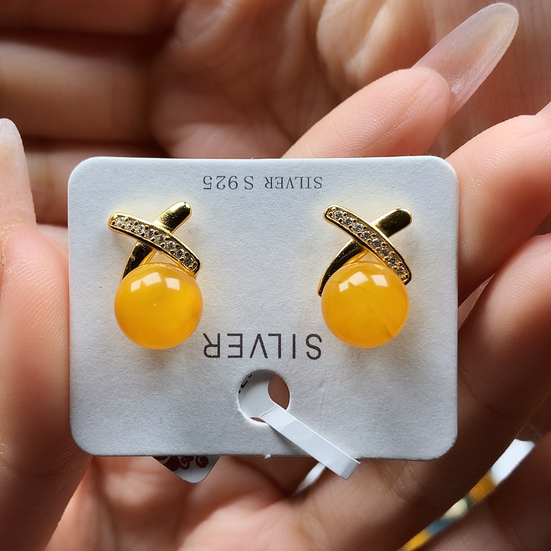 蜜蜡耳饰银S925镶嵌耳钉