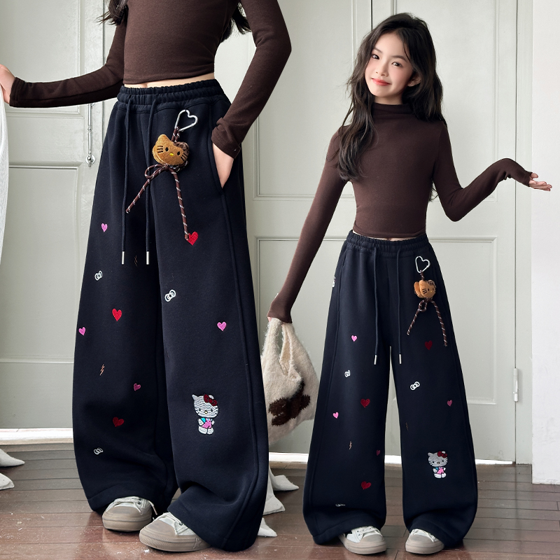 女童加绒卡通卫裤秋冬2025新款儿童加厚裤子女中大童冬季休闲裤