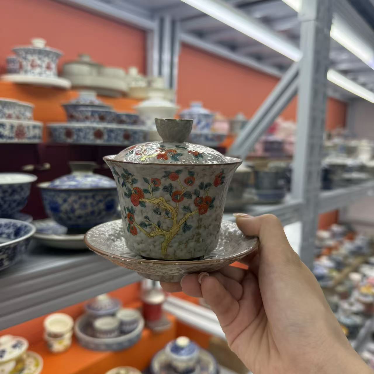 火石红柿柿如意盖碗陶瓷功夫茶具泡茶专用0968