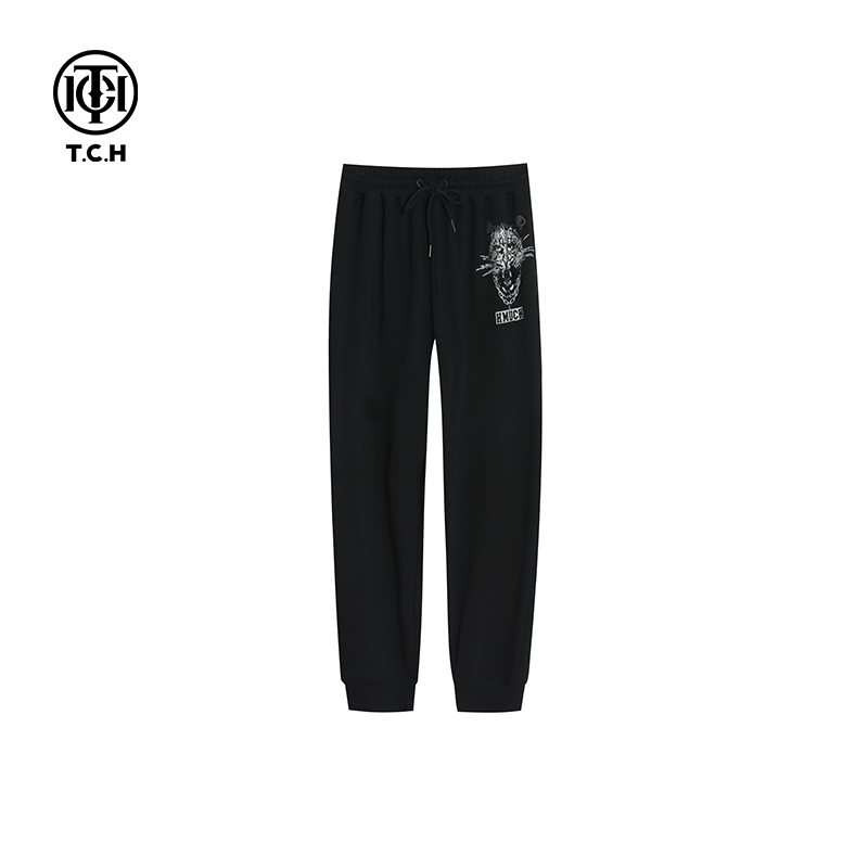 男装-重工烫钻抽绳针织舒适时尚春夏印花黑色通勤长裤T66A206112