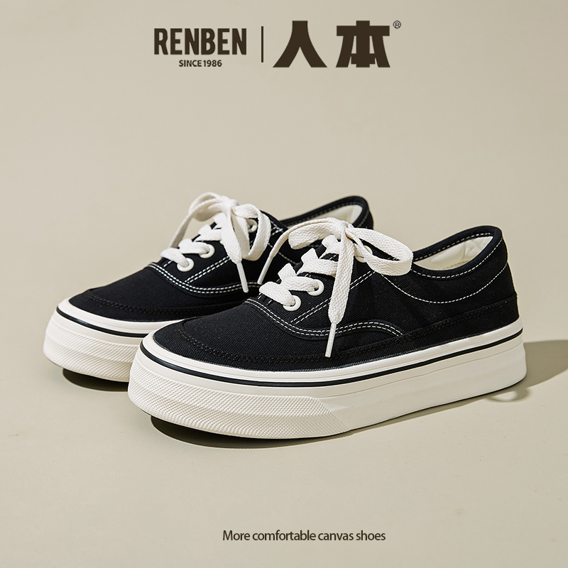 人本2025秋季低帮休闲帆布鞋增高百搭一脚蹬懒人鞋女学生小众板鞋