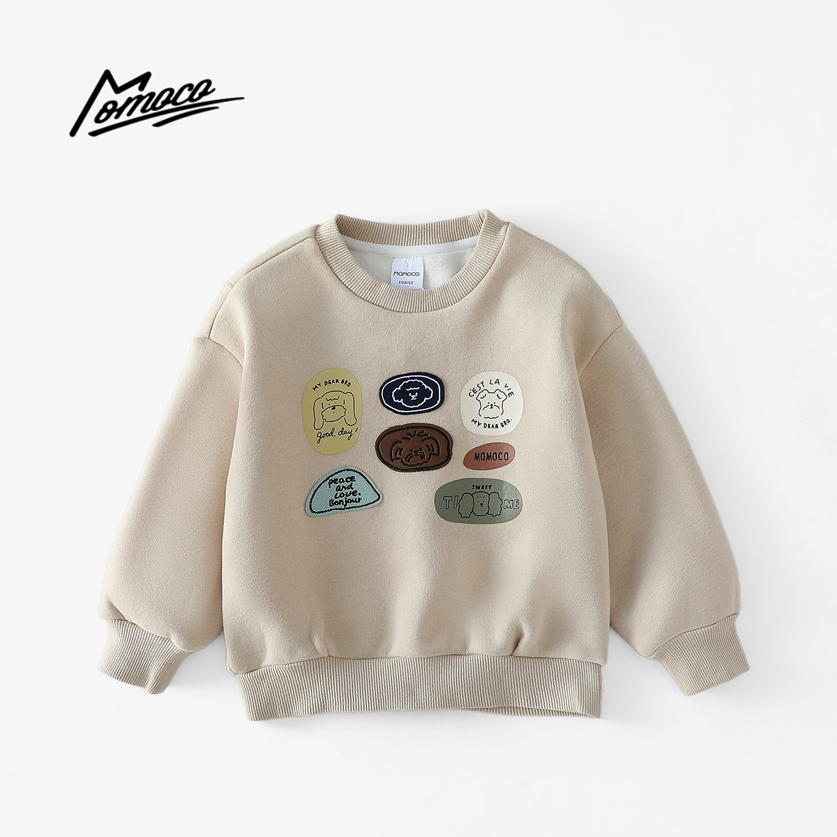 【专柜撤柜】MOMOCO冬季男童撞色图案加绒印花卫衣75410232008