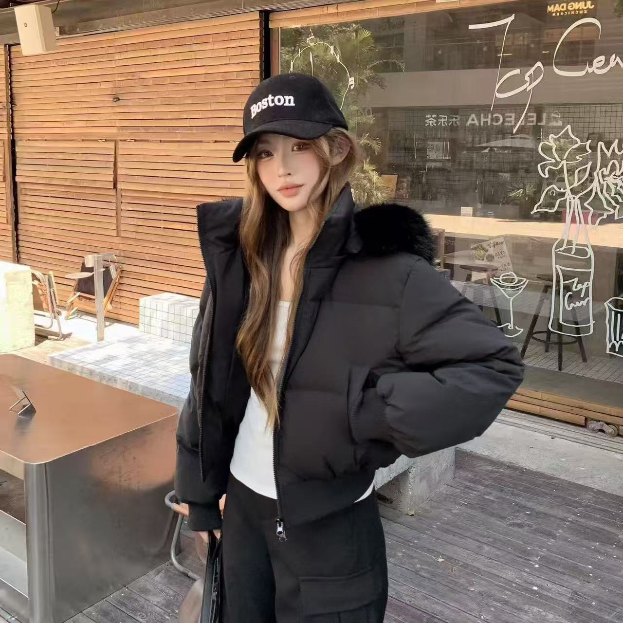 Y13-肯豆风时尚毛领棉服女短款美式冬季新款加厚小众收腰小个子