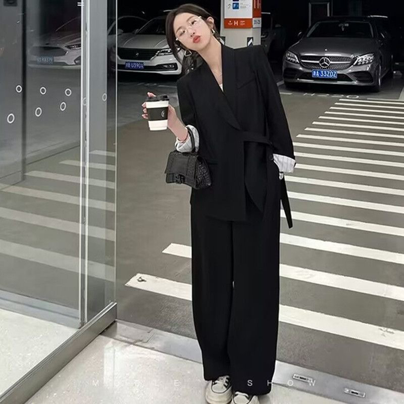 大码胖MM秋款设计感绑带春秋款女士西装外套阔腿裤时尚休闲套装