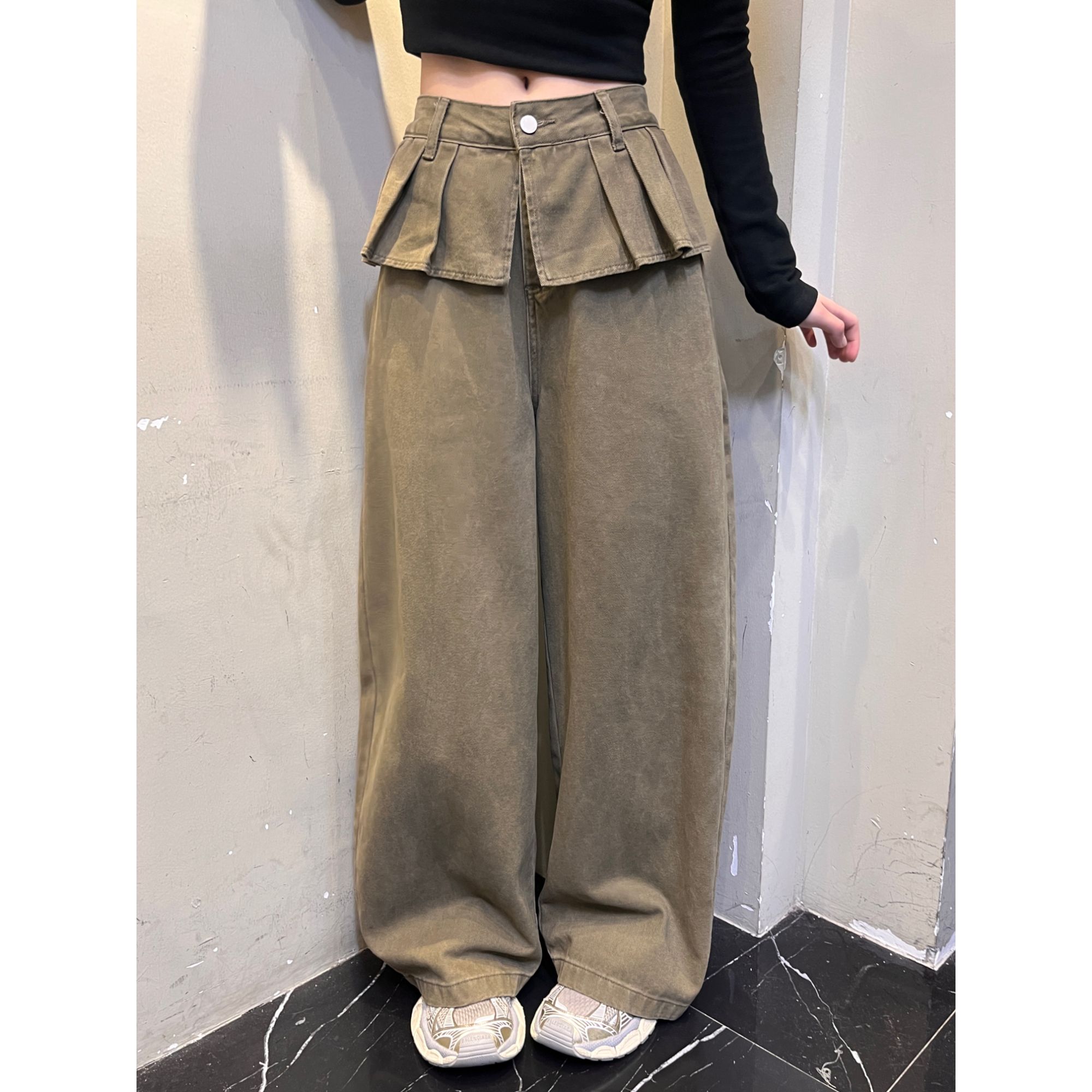 范范与凡凡【花边裤】美式复古假两件屁帘裤单面料宽松拖地裤