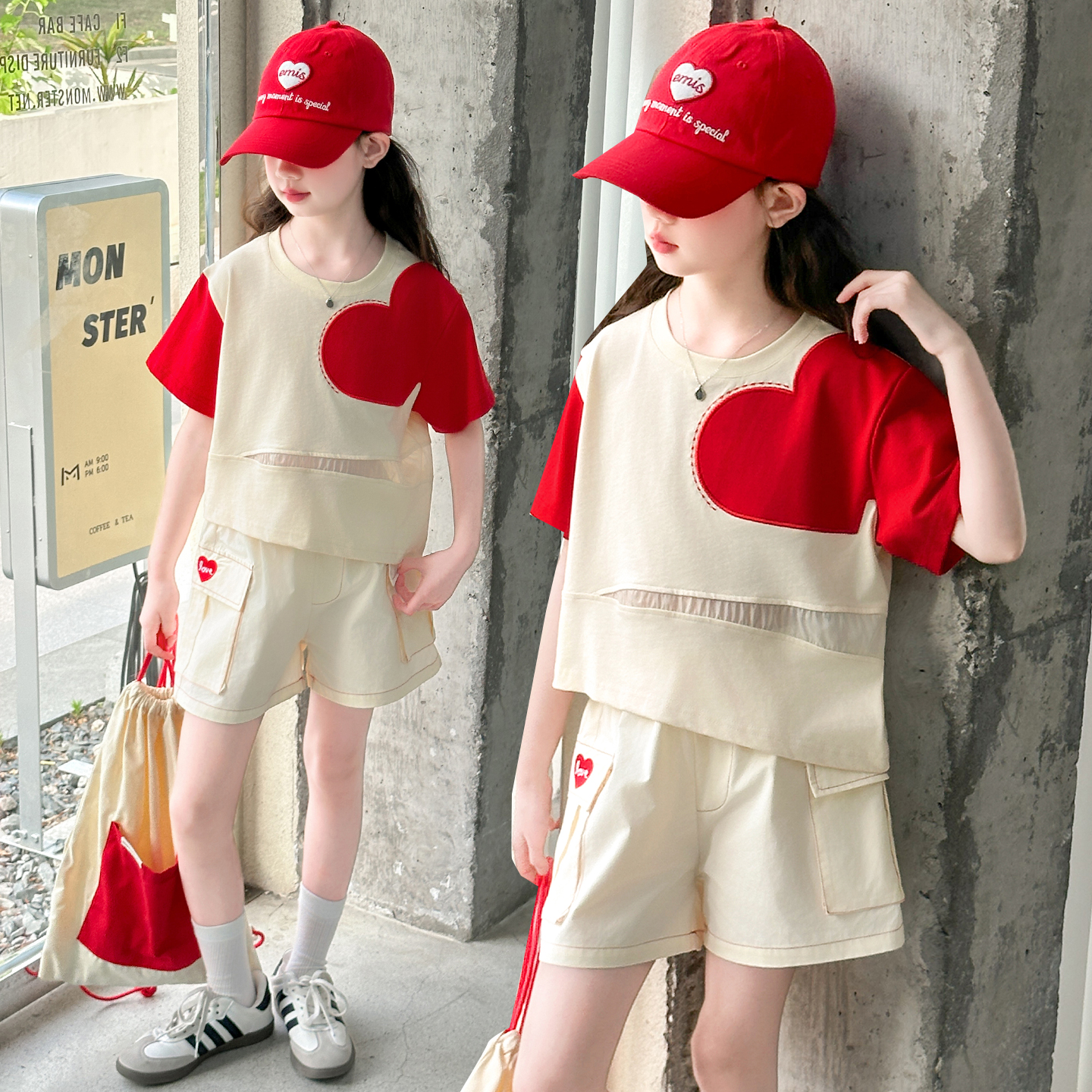 女童夏季套装2025新款洋气网红炸街儿童夏装女孩镂空爱心刺绣套装