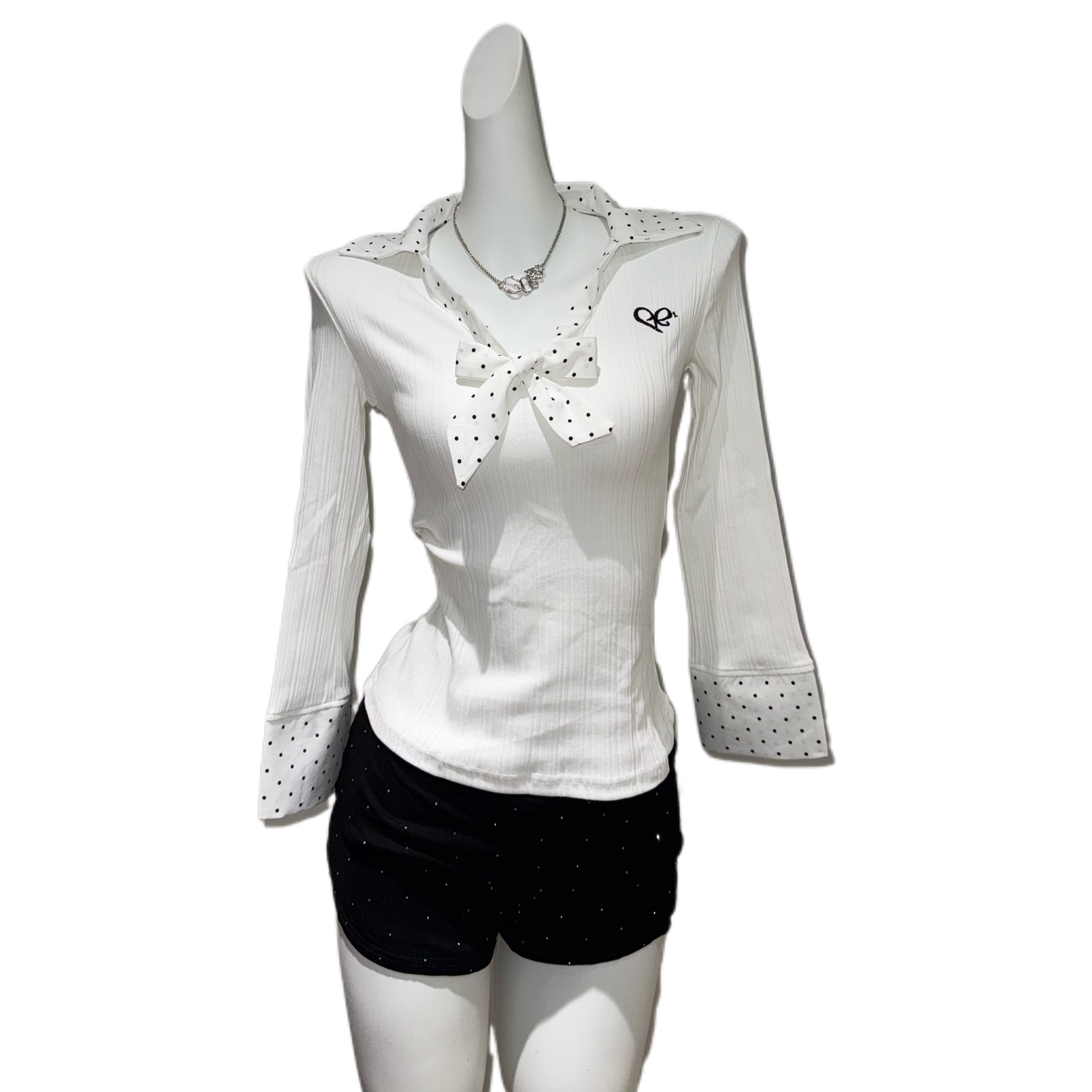 【市市推荐】新款波点蝴蝶结修身显瘦百搭长袖T恤女上衣