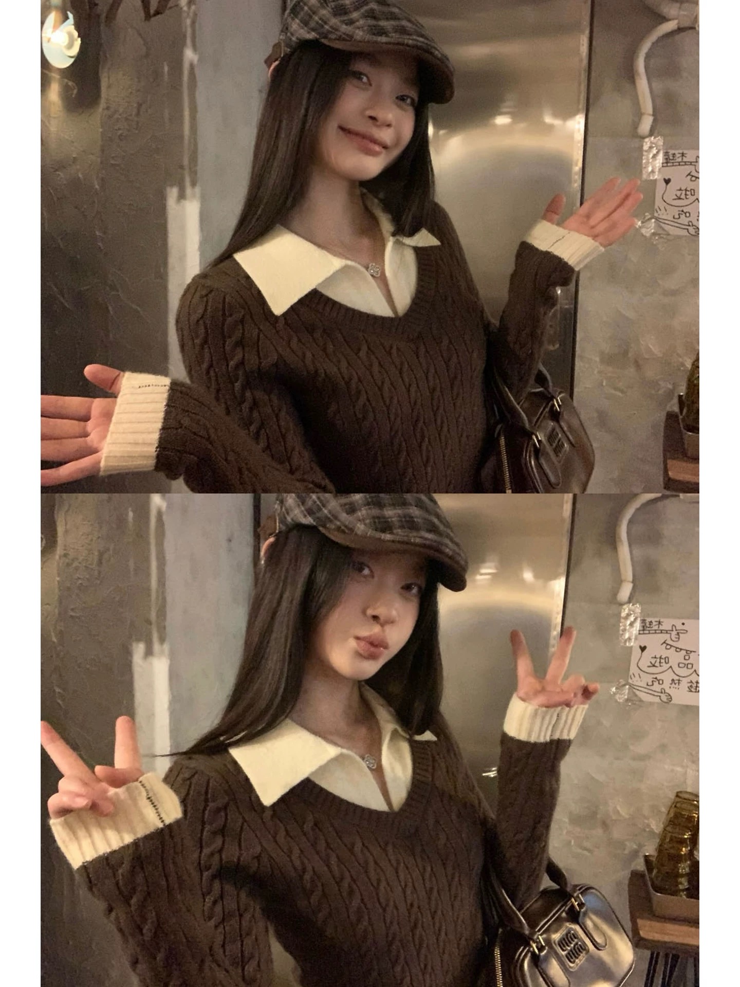 咖色Polo领假两件针织衫女冬季衣内搭修身短款长袖小上衣#8364