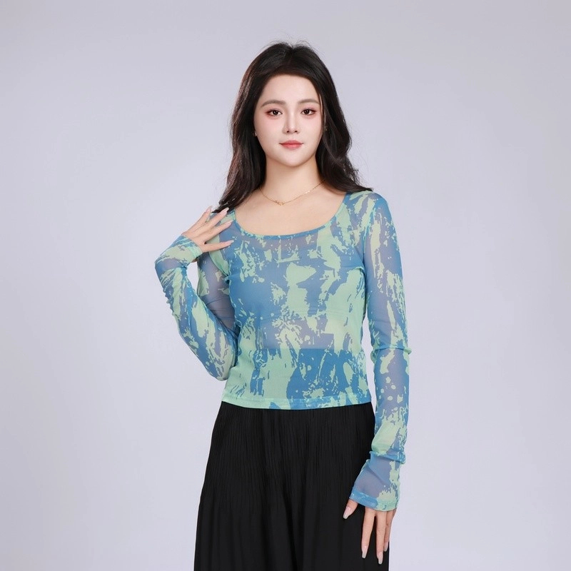 阿玛施秋款网纱弹力时尚印花大U领长袖T5300927